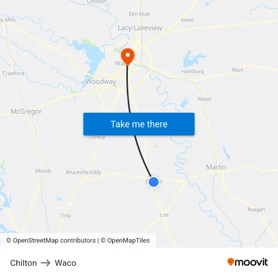 Chilton to Waco map