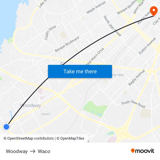 Woodway to Waco map