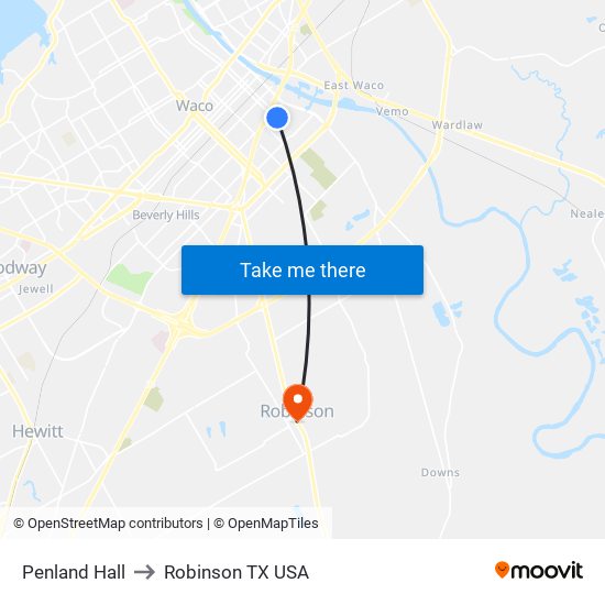 Penland Hall to Robinson TX USA map