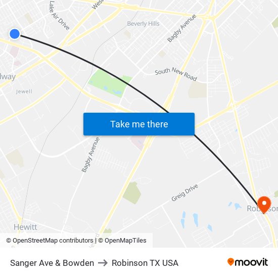 Sanger Ave & Bowden to Robinson TX USA map