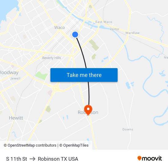 S 11th St to Robinson TX USA map