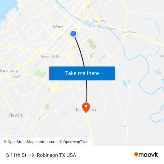 S 11th St to Robinson TX USA map