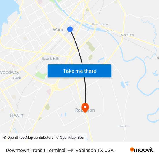 Downtown Transit Terminal to Robinson TX USA map