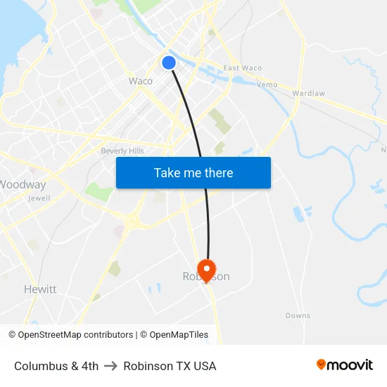 Columbus & 4th to Robinson TX USA map