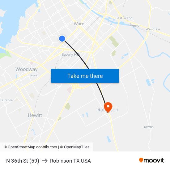 N 36th St (59) to Robinson TX USA map
