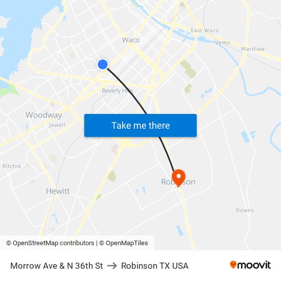 Morrow Ave & N 36th St to Robinson TX USA map