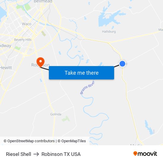 Riesel Shell to Robinson TX USA map