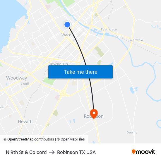 N 9th St & Colcord to Robinson TX USA map