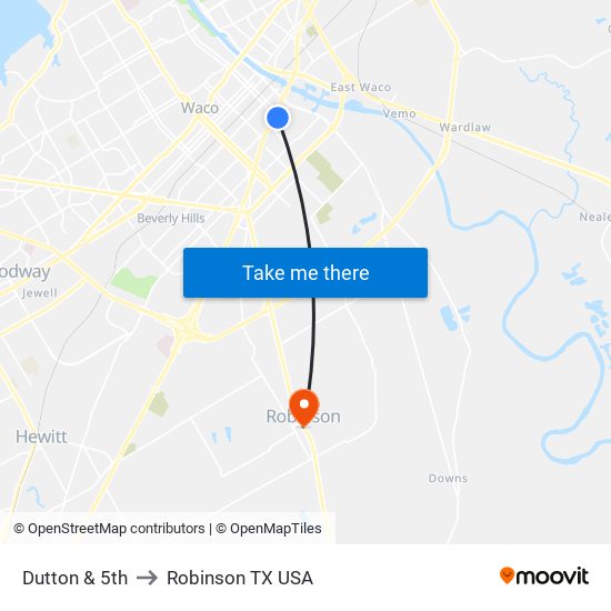 Dutton & 5th to Robinson TX USA map