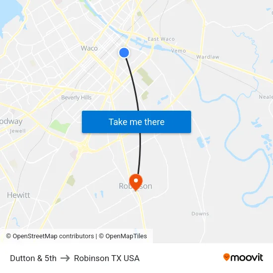 Dutton & 5th to Robinson TX USA map