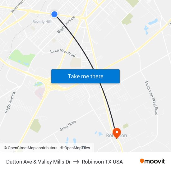 Dutton Ave & Valley Mills Dr to Robinson TX USA map