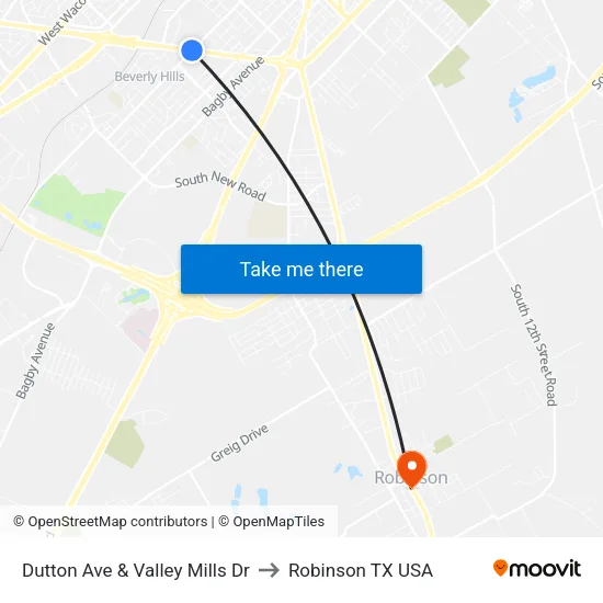 Dutton Ave & Valley Mills Dr to Robinson TX USA map