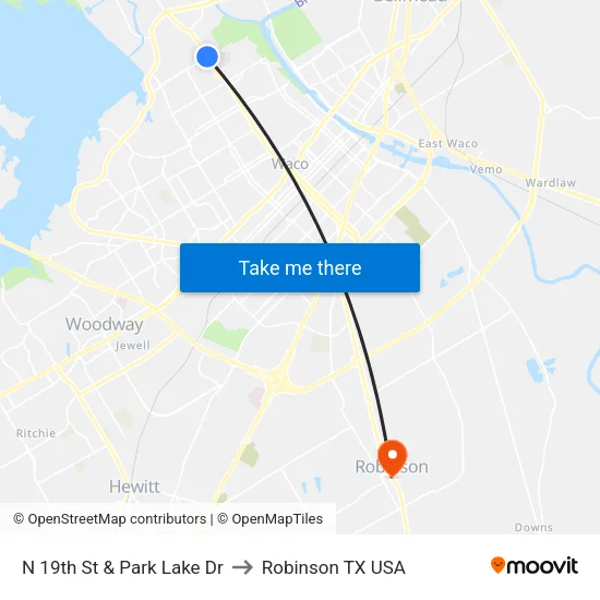 N 19th St & Park Lake Dr to Robinson TX USA map
