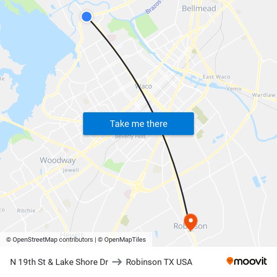 N 19th St & Lake Shore Dr to Robinson TX USA map