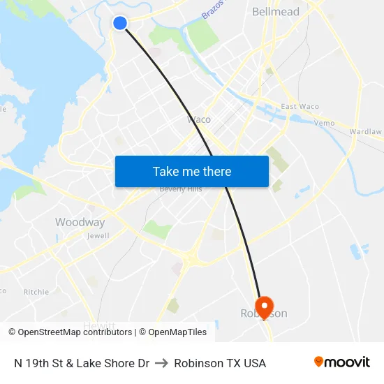 N 19th St & Lake Shore Dr to Robinson TX USA map