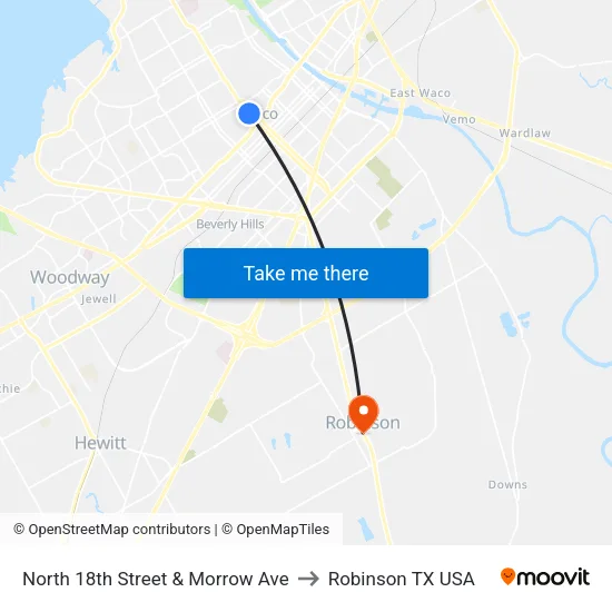 North 18th Street & Morrow Ave to Robinson TX USA map