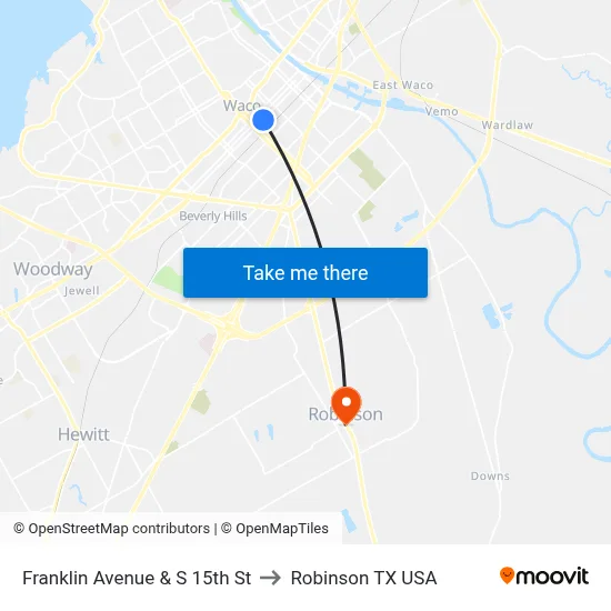 Franklin Avenue & S 15th St to Robinson TX USA map