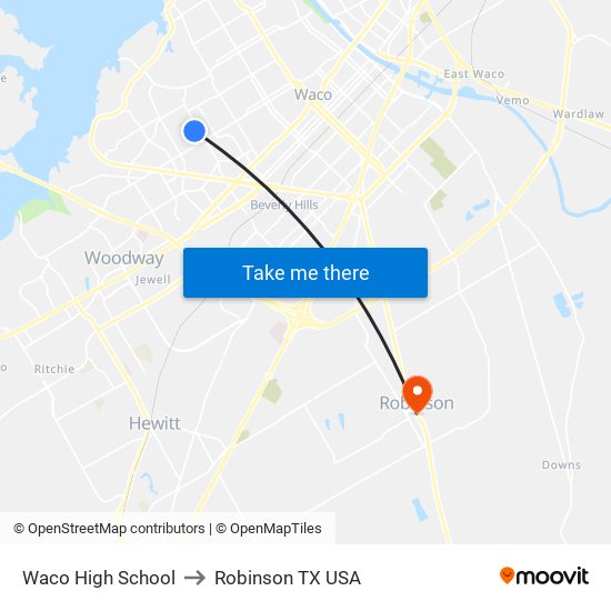 Waco High School to Robinson TX USA map