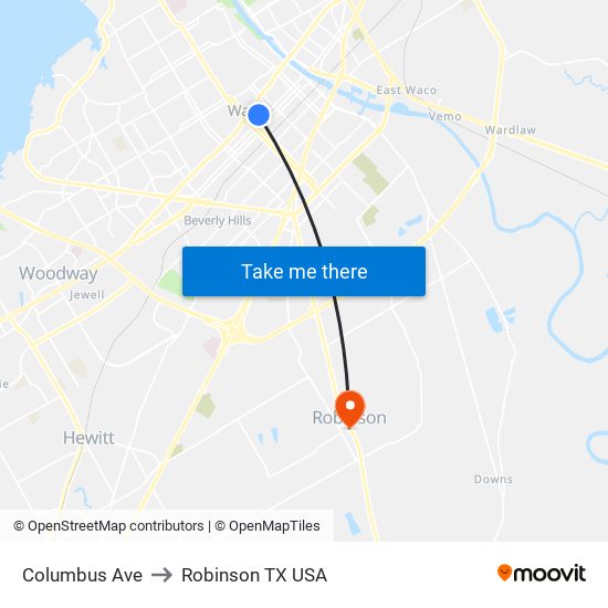 Columbus Ave to Robinson TX USA map
