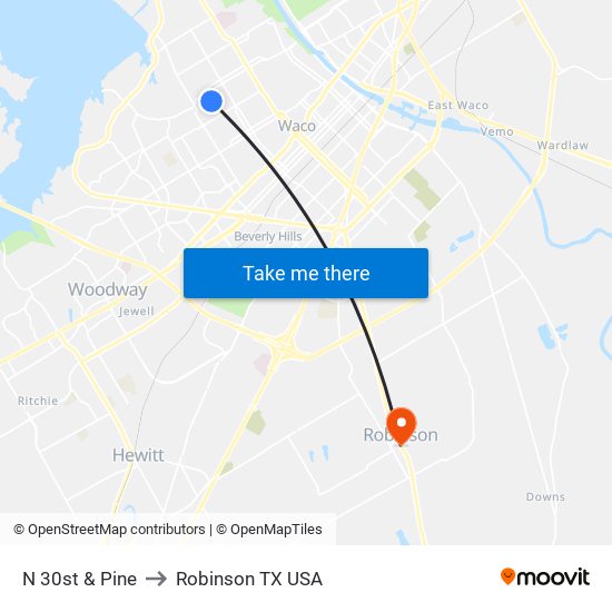 N 30st & Pine to Robinson TX USA map