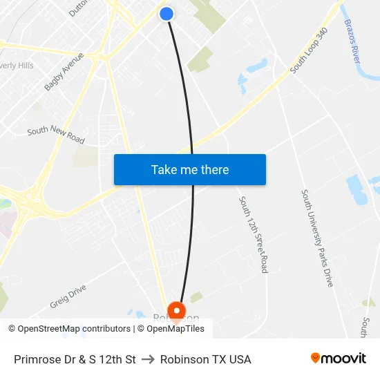 Primrose Dr & S 12th St to Robinson TX USA map