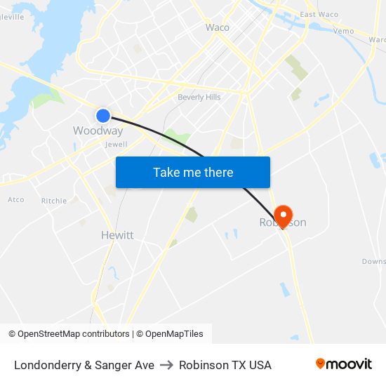 Londonderry & Sanger Ave to Robinson TX USA map