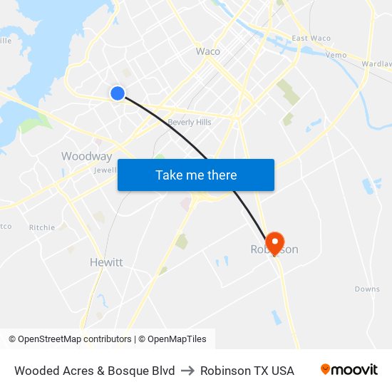 Wooded Acres & Bosque Blvd to Robinson TX USA map