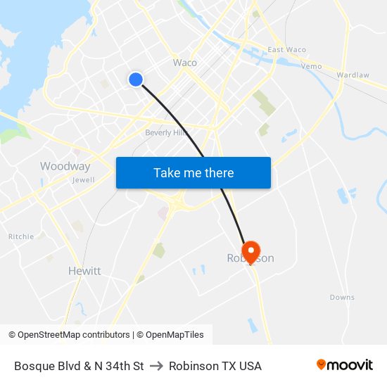 Bosque Blvd & N 34th St to Robinson TX USA map