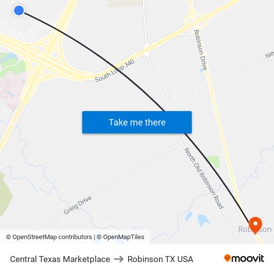 Central Texas Marketplace to Robinson TX USA map