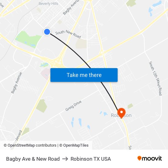 Bagby Ave & New Road to Robinson TX USA map