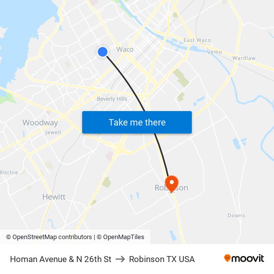 Homan Avenue & N 26th St to Robinson TX USA map