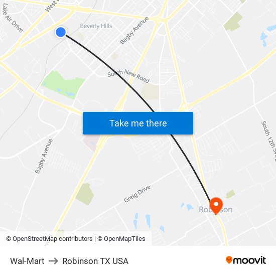 Wal-Mart to Robinson TX USA map