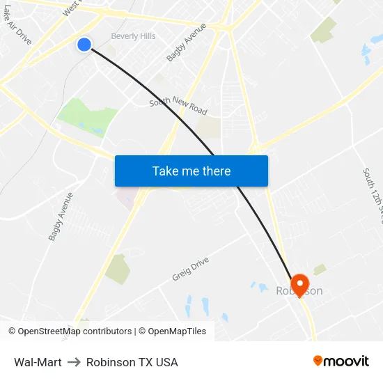 Wal-Mart to Robinson TX USA map