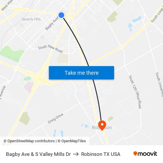 Bagby Ave & S Valley Mills Dr to Robinson TX USA map