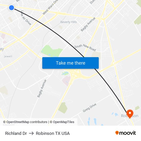 Richland Dr to Robinson TX USA map