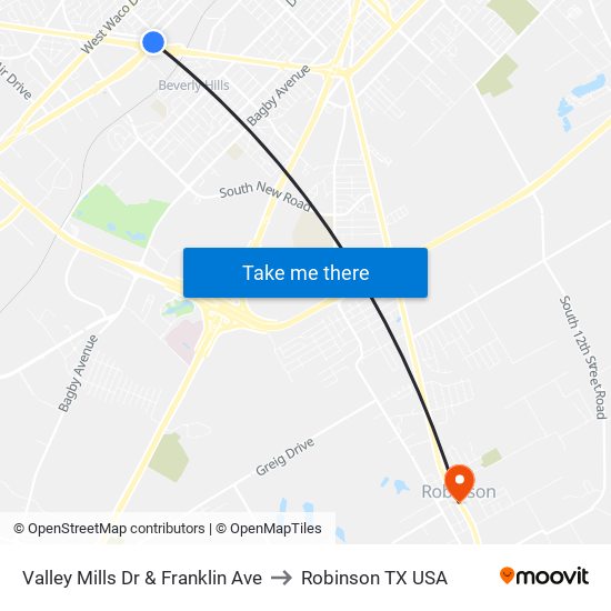 Valley Mills Dr & Franklin Ave to Robinson TX USA map