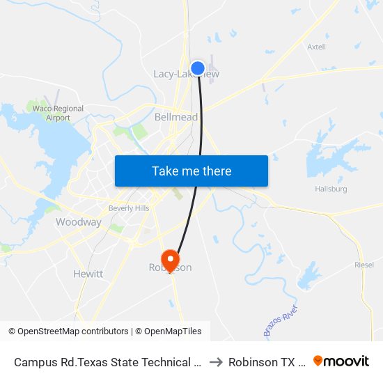 Campus Rd.Texas State Technical Collage to Robinson TX USA map