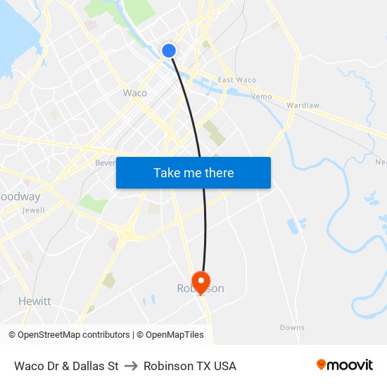 Waco Dr & Dallas St to Robinson TX USA map