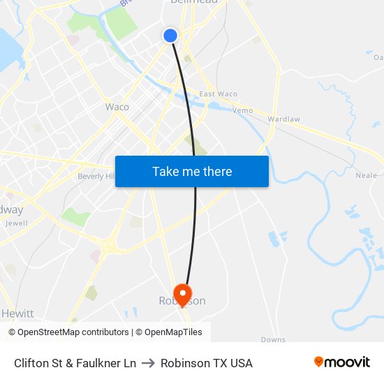 Clifton St & Faulkner Ln to Robinson TX USA map