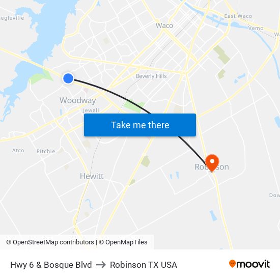 Hwy 6 & Bosque Blvd to Robinson TX USA map