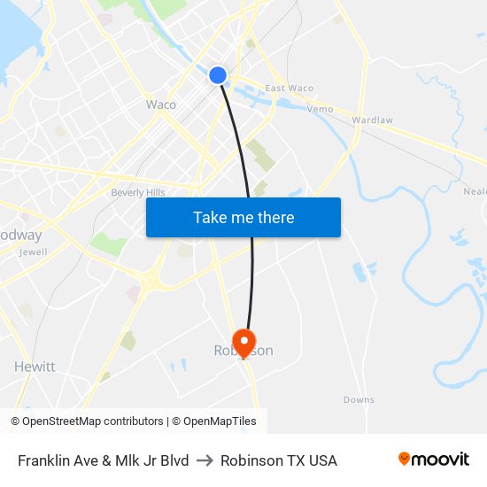 Franklin Ave & Mlk Jr Blvd to Robinson TX USA map