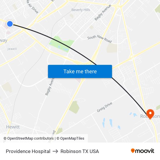 Providence Hospital to Robinson TX USA map