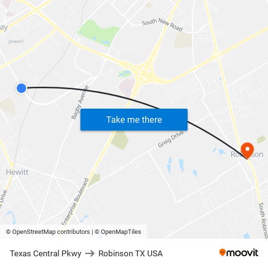 Texas Central Pkwy to Robinson TX USA map