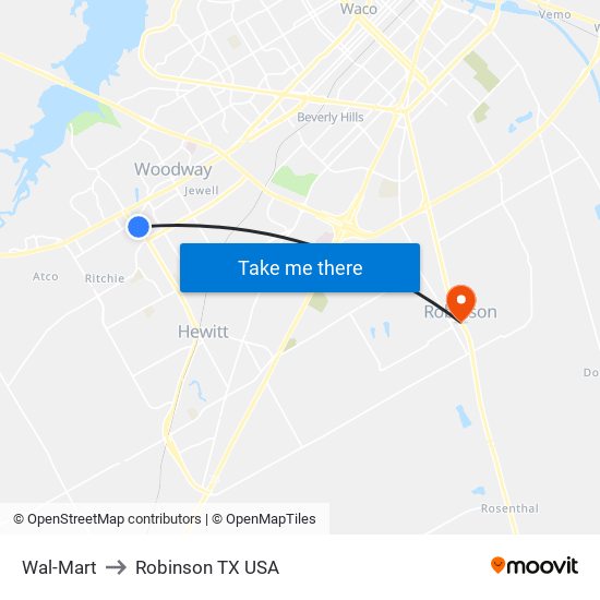 Wal-Mart to Robinson TX USA map