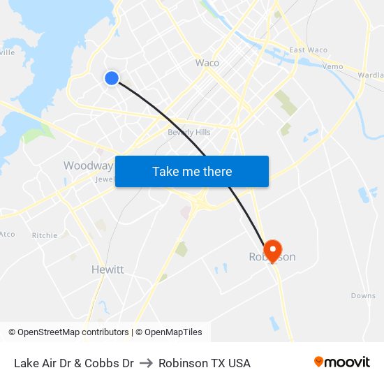 Lake Air Dr & Cobbs Dr to Robinson TX USA map