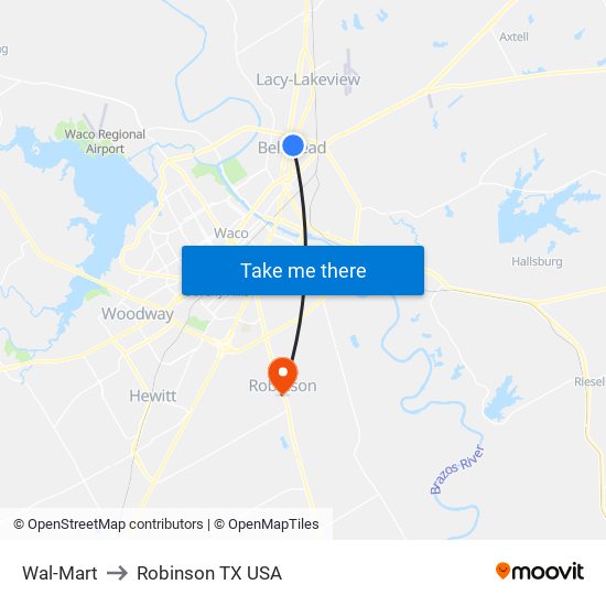 Wal-Mart to Robinson TX USA map
