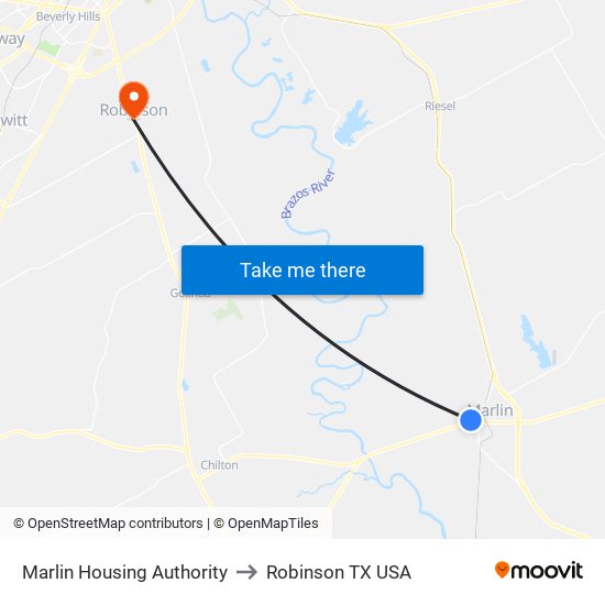 Marlin Housing Authority to Robinson TX USA map