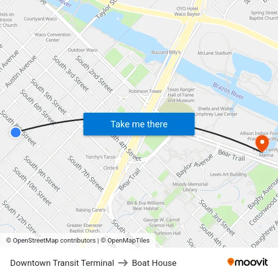 Downtown Transit Terminal to Boat House map