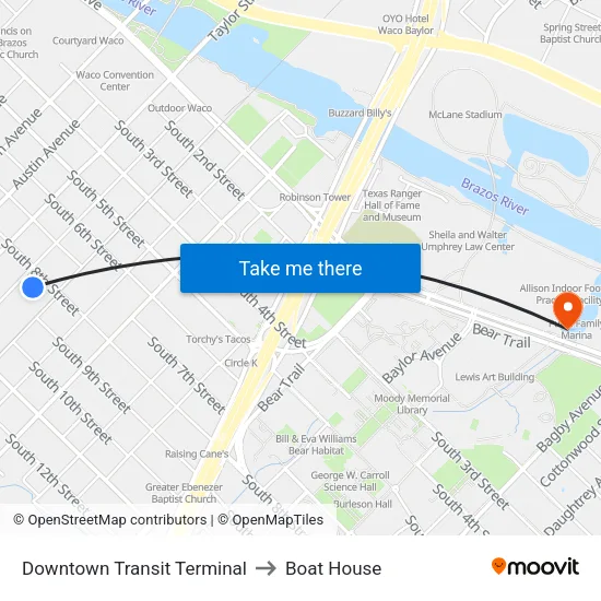 Downtown Transit Terminal to Boat House map