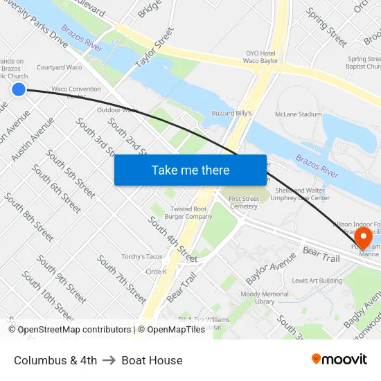 Columbus & 4th to Boat House map